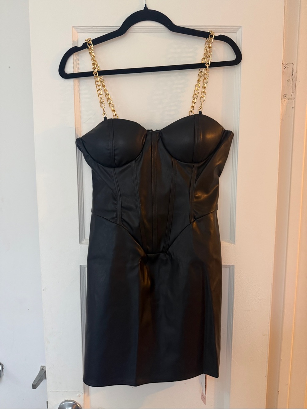 MICAS Black Faux Leather Chain-Strap Mini Dress